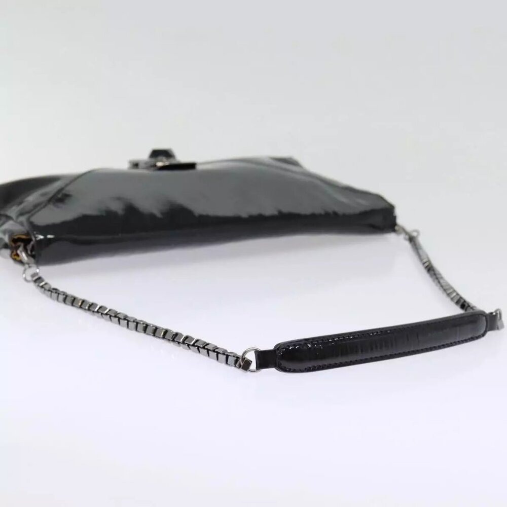 CELINE Chain Shoulder Bag Enamel Black Silver Auth - Picture 7 of 15